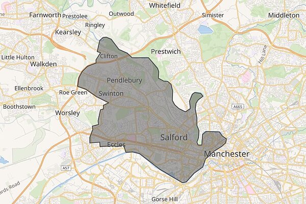 Map of Greater Manchester demarcating the boundaries of the Salford Eccles parliamentary constituuency