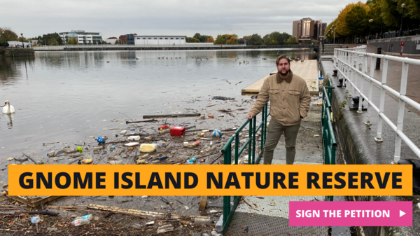 Cllr Alex Warren along Salford Quays, captioned with "Gnome Island Nature Reserve Now"