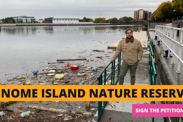 Image of Cllr Alex Warren in front of Gnome Island, captioned with the phrase: "Gnome Island Nature Reserve Now."