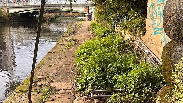 Image of dilapidated and overgrown walkways along Salford Quays 